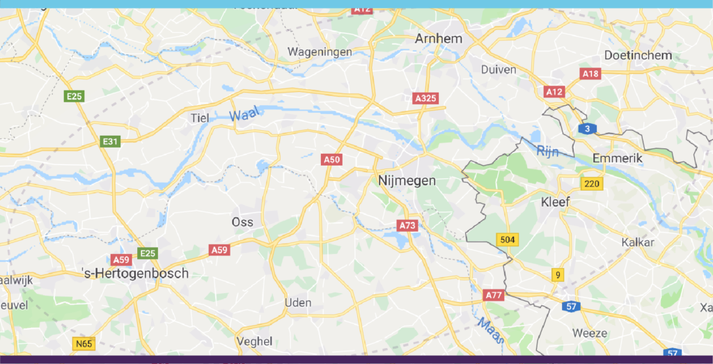 De kaart toont het gebied van Den Bosch tot Doetinchem en Wageningen tot Gennep met daarin onder andere de steden Arnhem en Nijmegen.